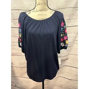 Talbots Navy Blue Floral Embroidered Cotton Modal Knit Top NWT Medium 56250480